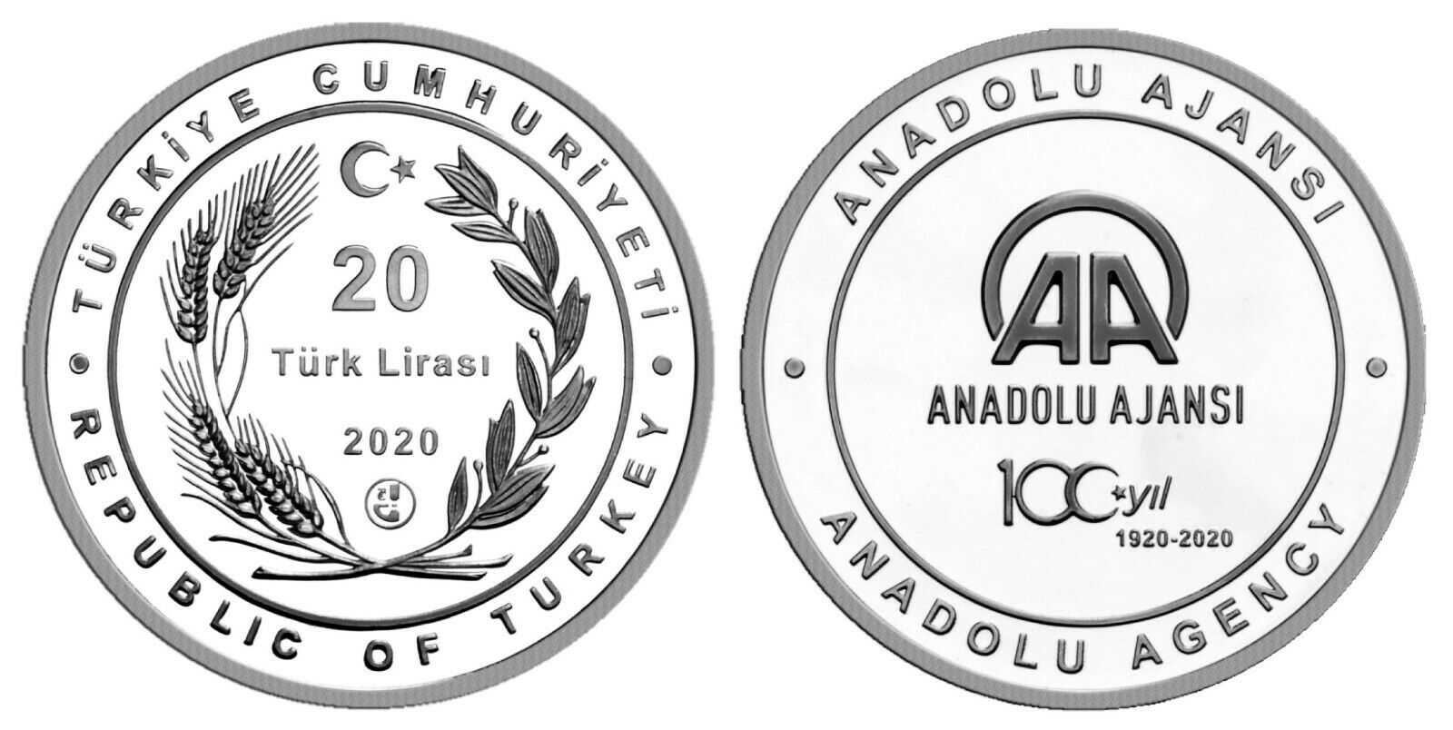 Turkey 2020 Anadolu Agency Silver 925ag Unc 100th Years Commemorative Coin