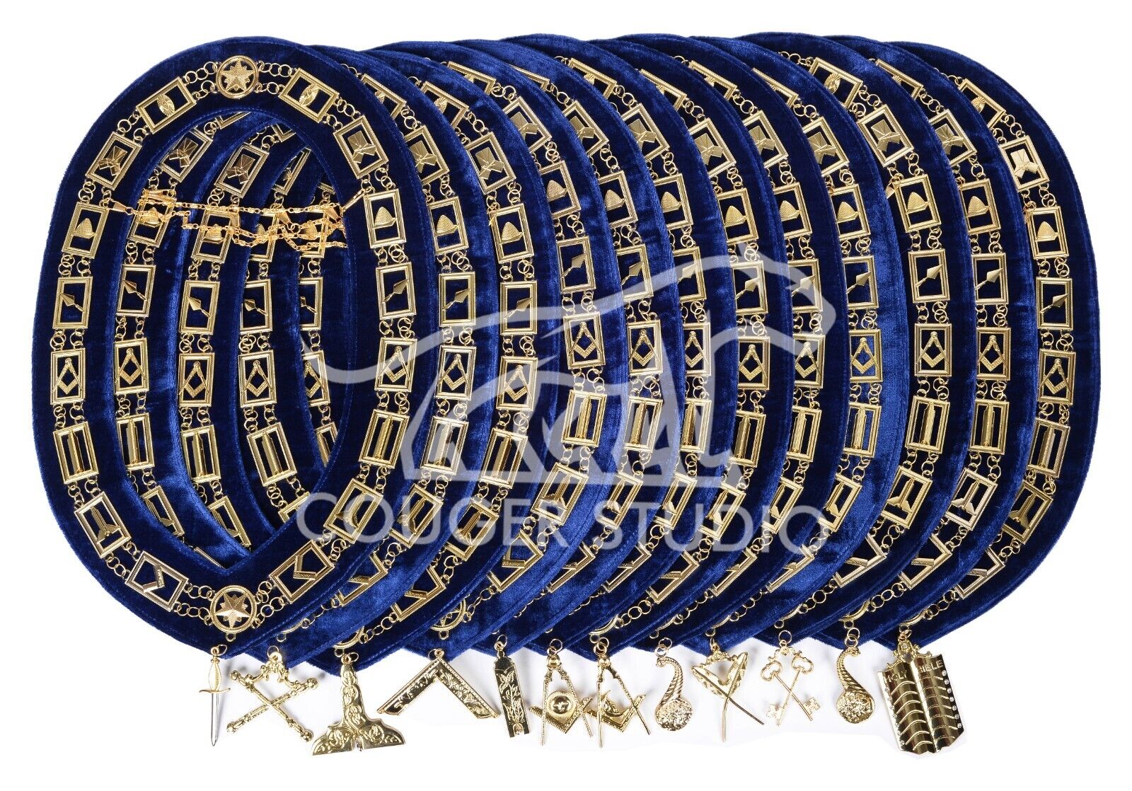 Masonic Regalia Blue Lodge Chain Collar With Officer Golden Jewels Set Of 12