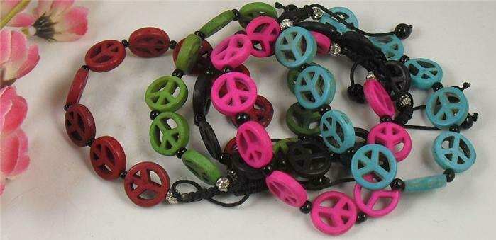 5 Mix Color Peace Sign Bead Bracelets/red,black,turquoise, Green/(z116-w2.5)