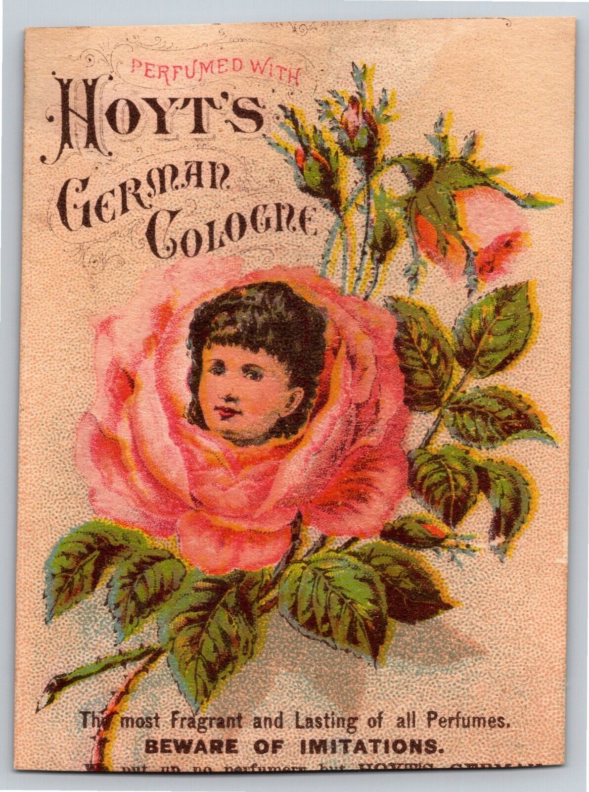 Hoyt's German Cologne Victorian Trade Cardgirl's Face At Center Of Rose Trimmed