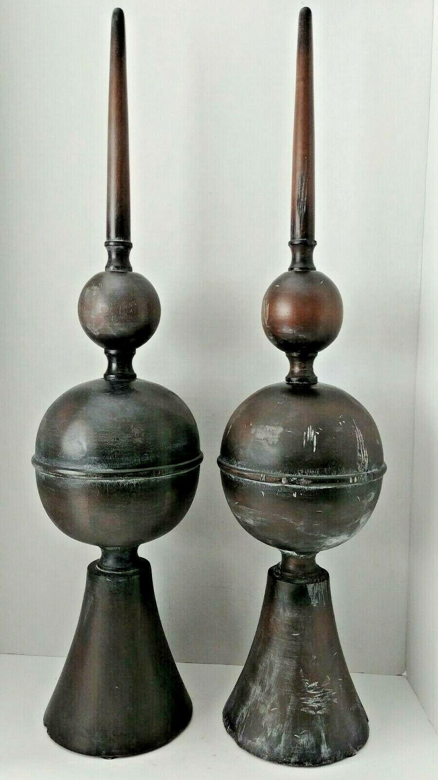 Pair Interior Architectural Finials Decorative Spiked Carved Wood Distressed 34"