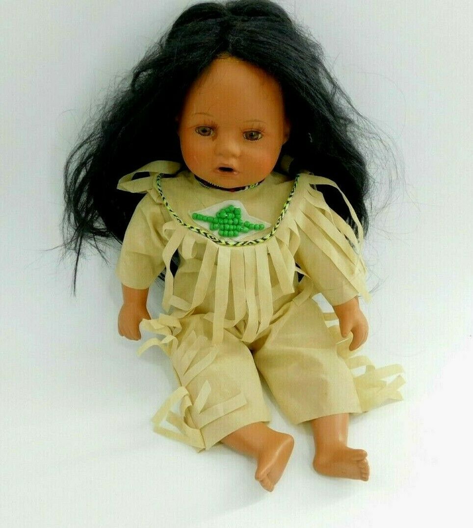 Native American Porcelain Baby Doll In Native Dress 15 In
