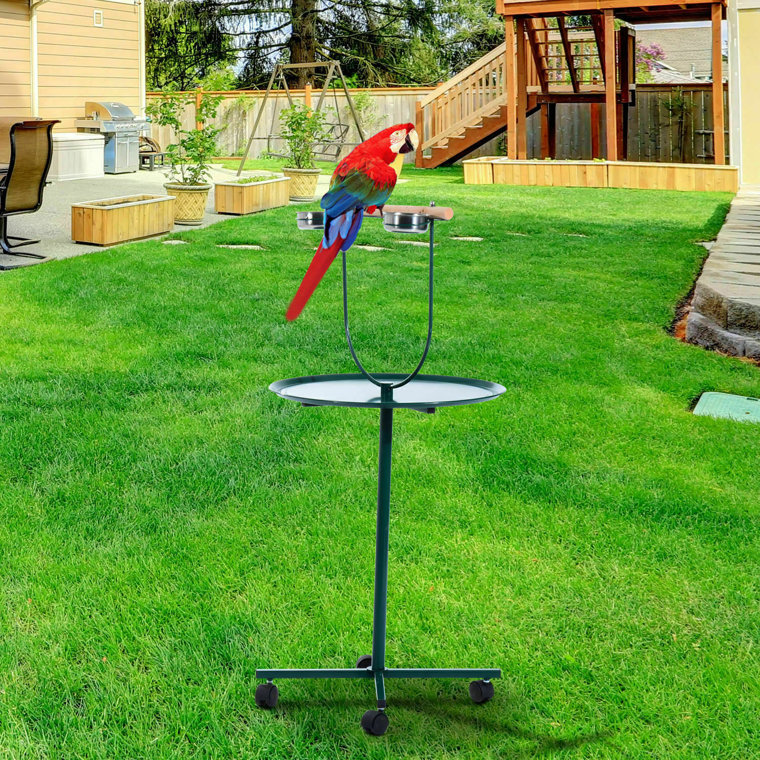 49" Bird Parrot Play Stand Cockatoo Gym Perch Metal Tray Feeder W/ Bowls Wheels