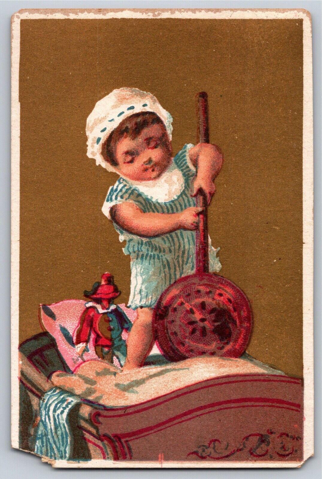 G.m. Ardoene, Caterer Providence, Ri Victorian Trade Card Child W/ Bed Warmer