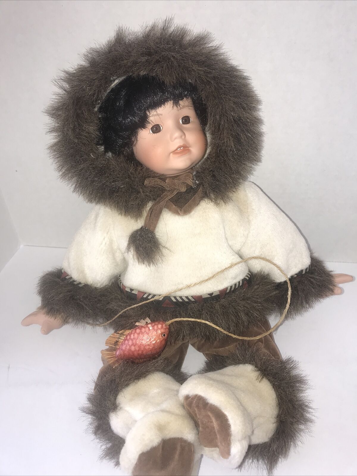 Porcelain Native American Indian Child Girl Doll With Fish Velvet Outfit