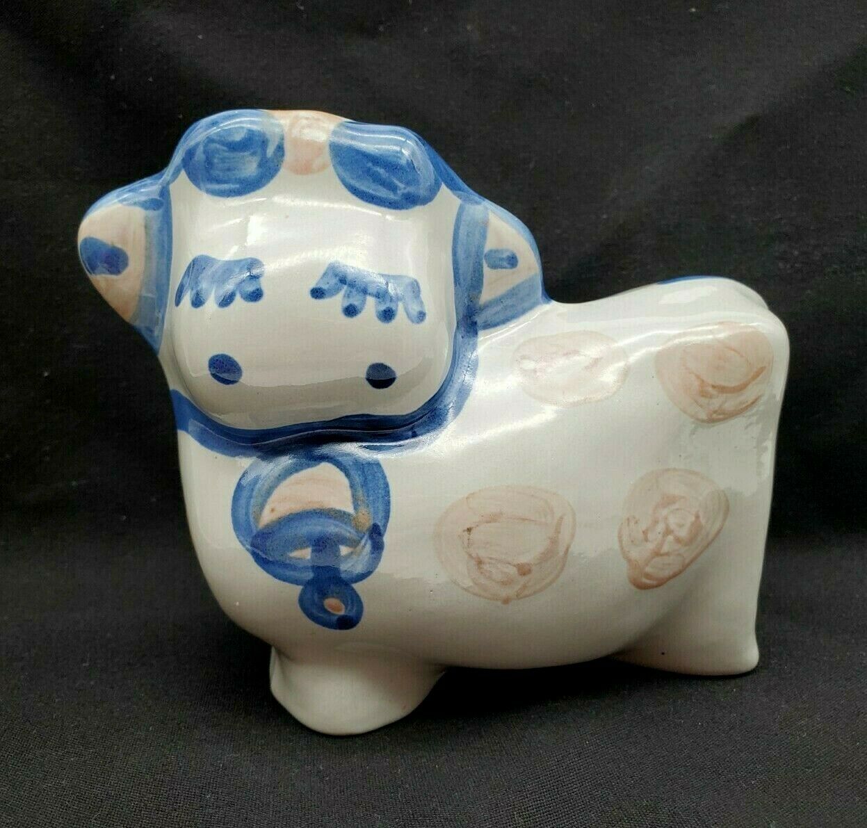 M. A. Hadley Louisville Ky. Pottery Country Scene Cow Bank Blue & Pink  Signed