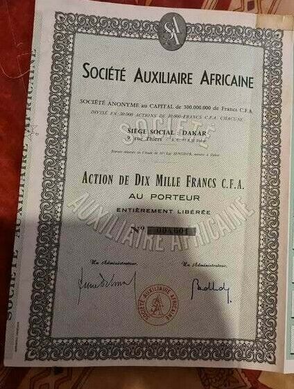 Société Auxiliaire Africaine Dakar Action De 10000 Francs