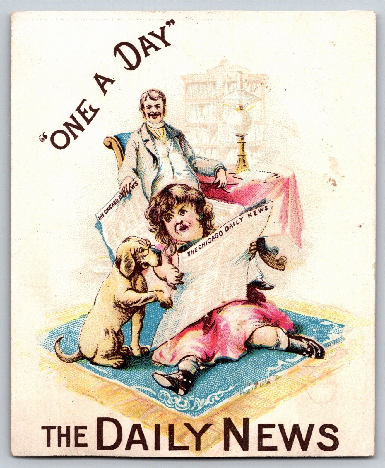 "one A Day" The Chicago Daily News Victorian Trade Card Dog Reading Newspaper