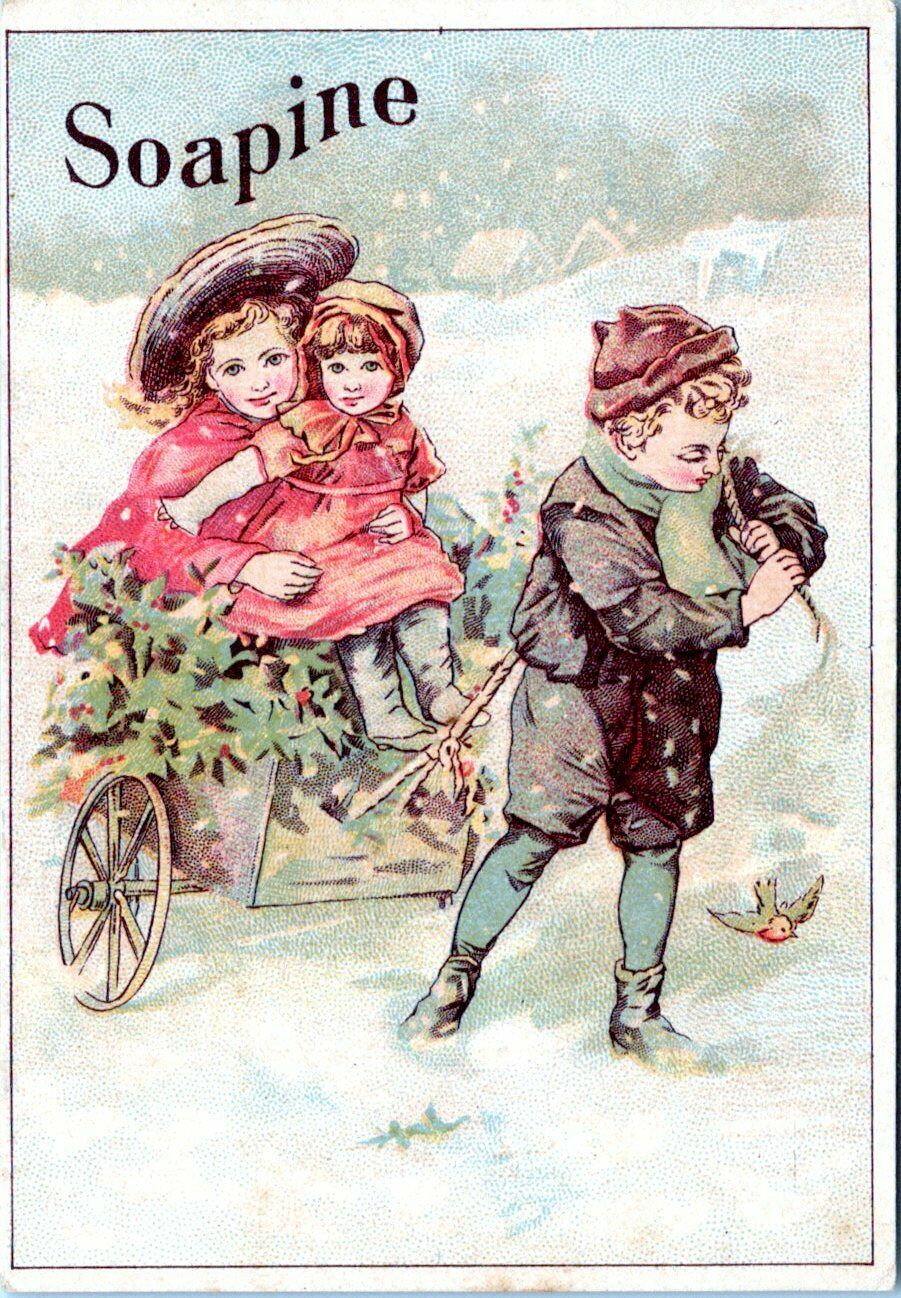 Soapine Victorian Card Christmas Boy Pulling Girls In Holly Cart Snow 1870s-80s