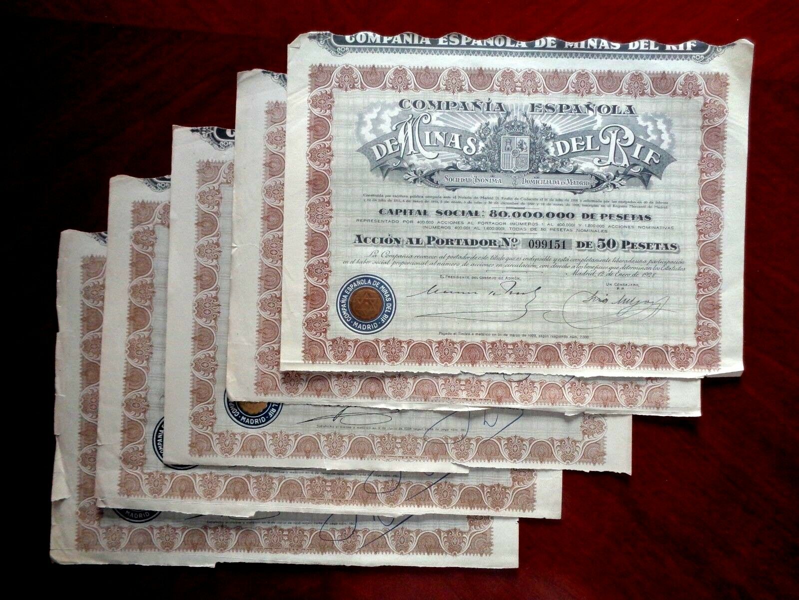 Minas Del Rif,share Certificate 1935  Spain, Good    X 5