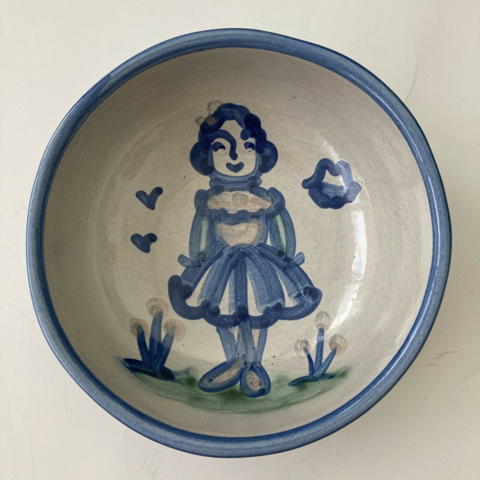 Vintage M. A. Hadley Cereal Bowl 5 1/2" Girl Lady Blue Bird Cloud