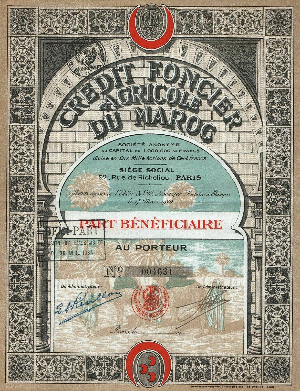 1920 Morocco: Credit Foncier Agricole Du Maroc Societe Anonyme