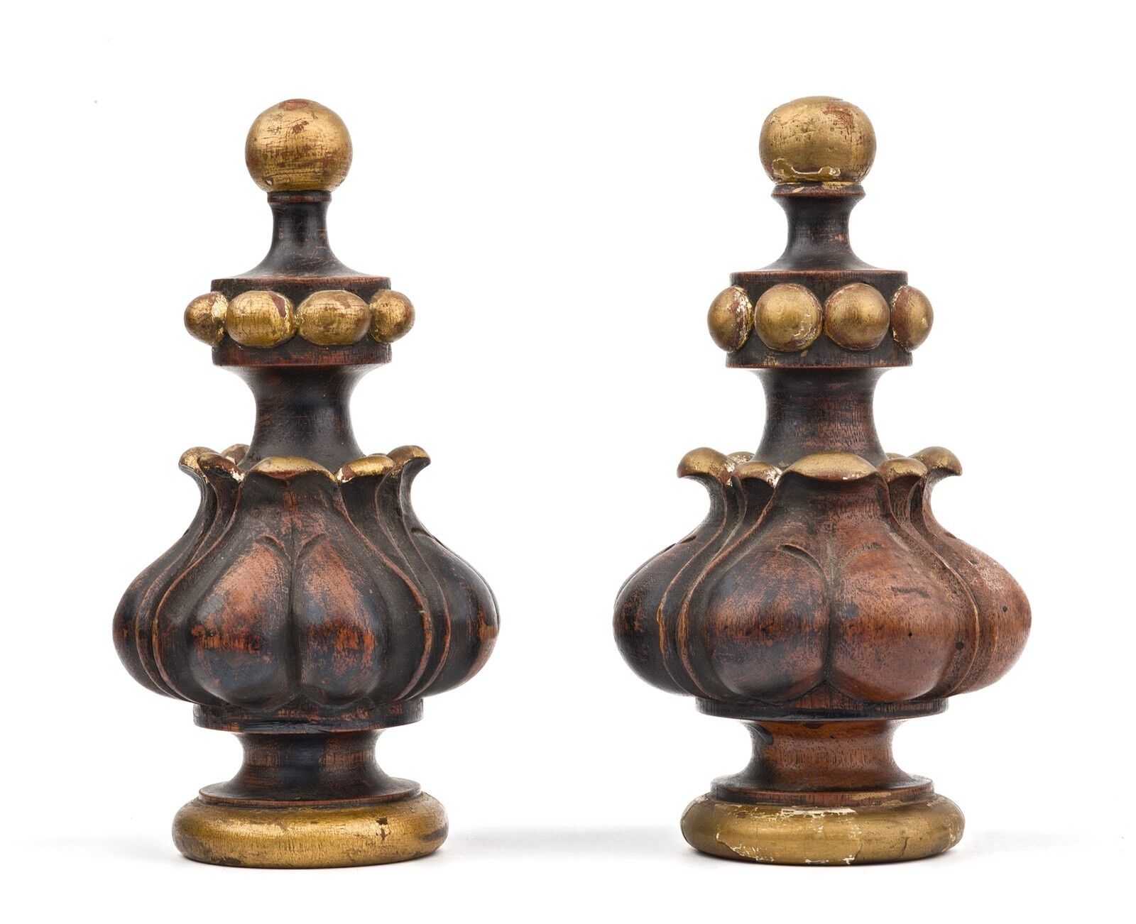 A Pair Of Antique Carved Wooden Gilt Decorated Finials