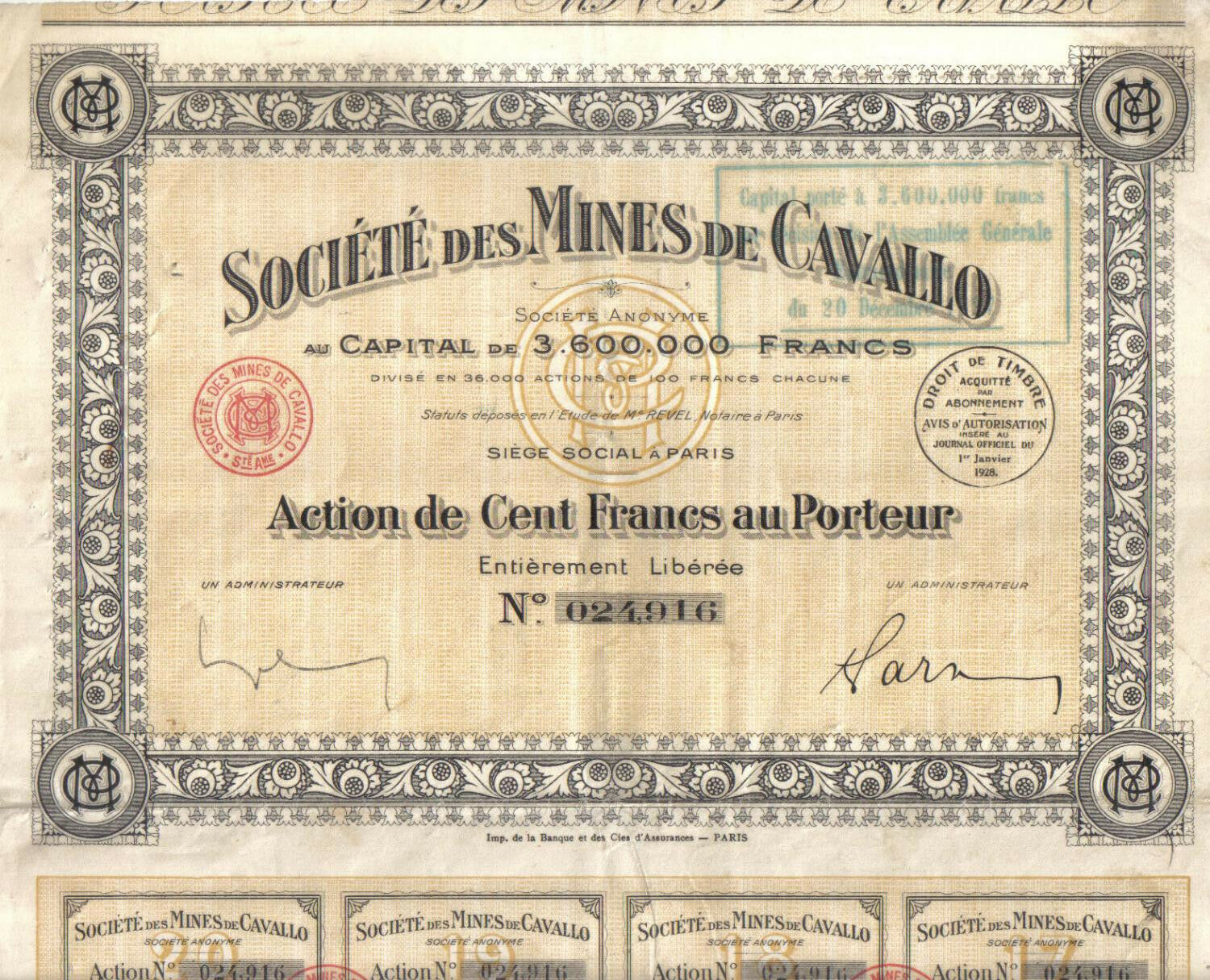 Africa Algeria France Bond 1928 Lead Mine Cavallo 100 Francs Uncancelled Coupons