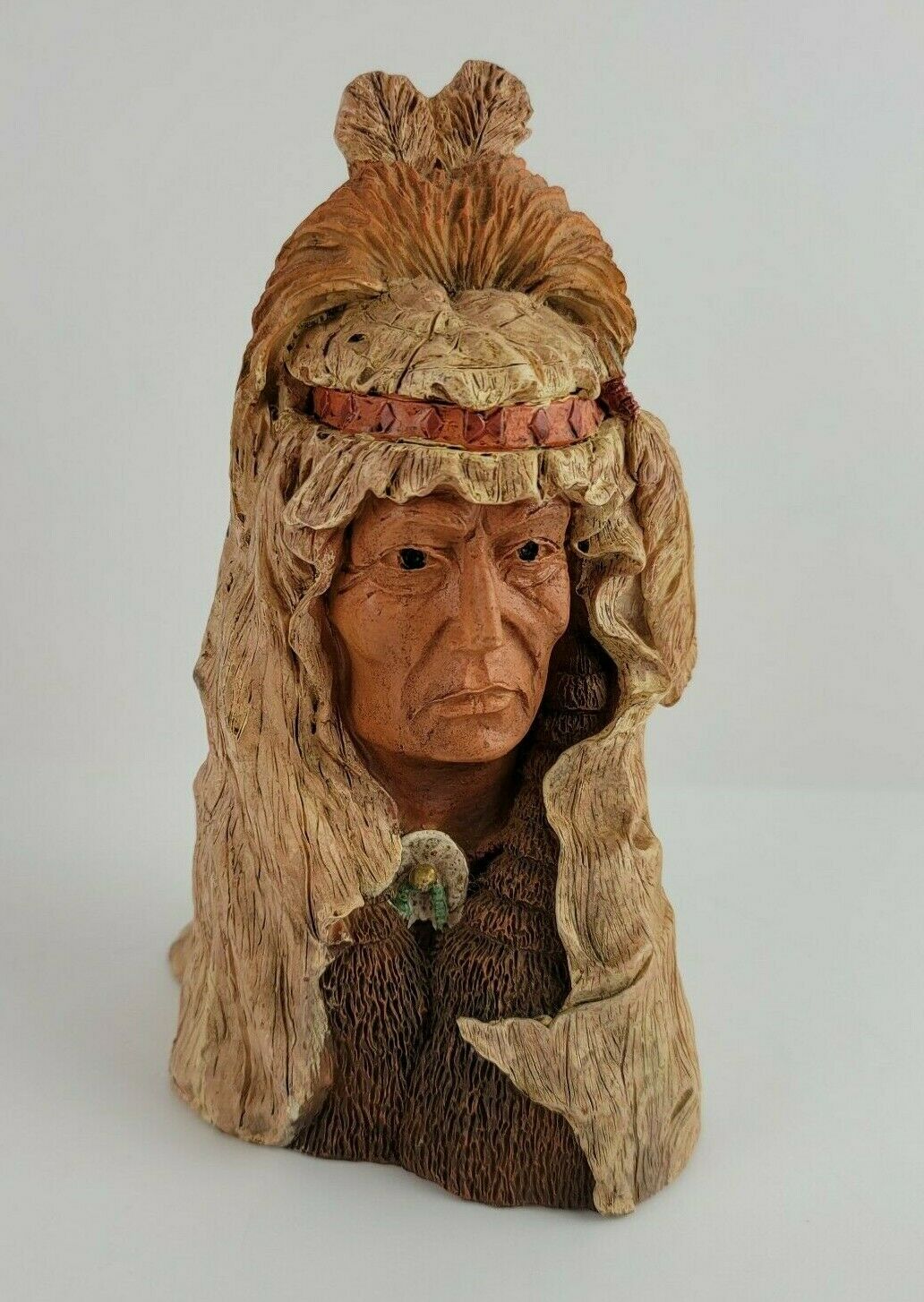 Beautiful Porcelain Bust Sculpture Indian Chief Wood Like Design