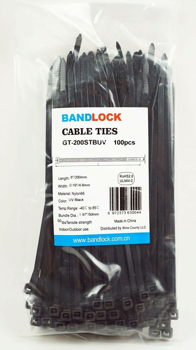 8 Inch 100pcs Nylon Wire Zip Ties Cable Ties Uv Black 50lbs Self-locking Wraps