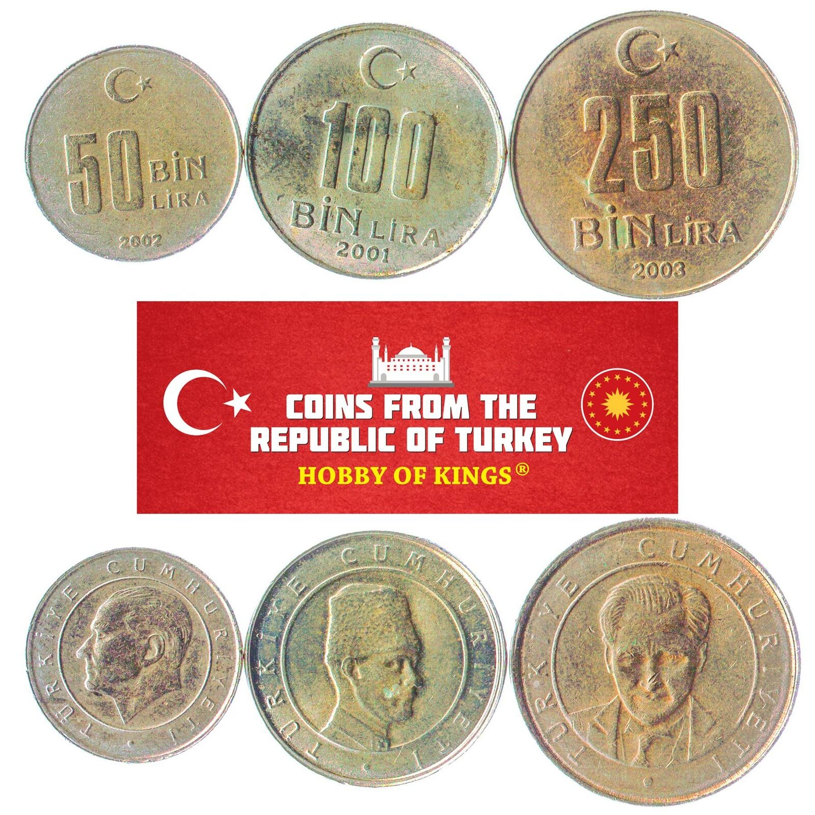 Set Of 3 Coins From Turkey. 50.000, 100.000, 250.000 Lira. 2001-2004