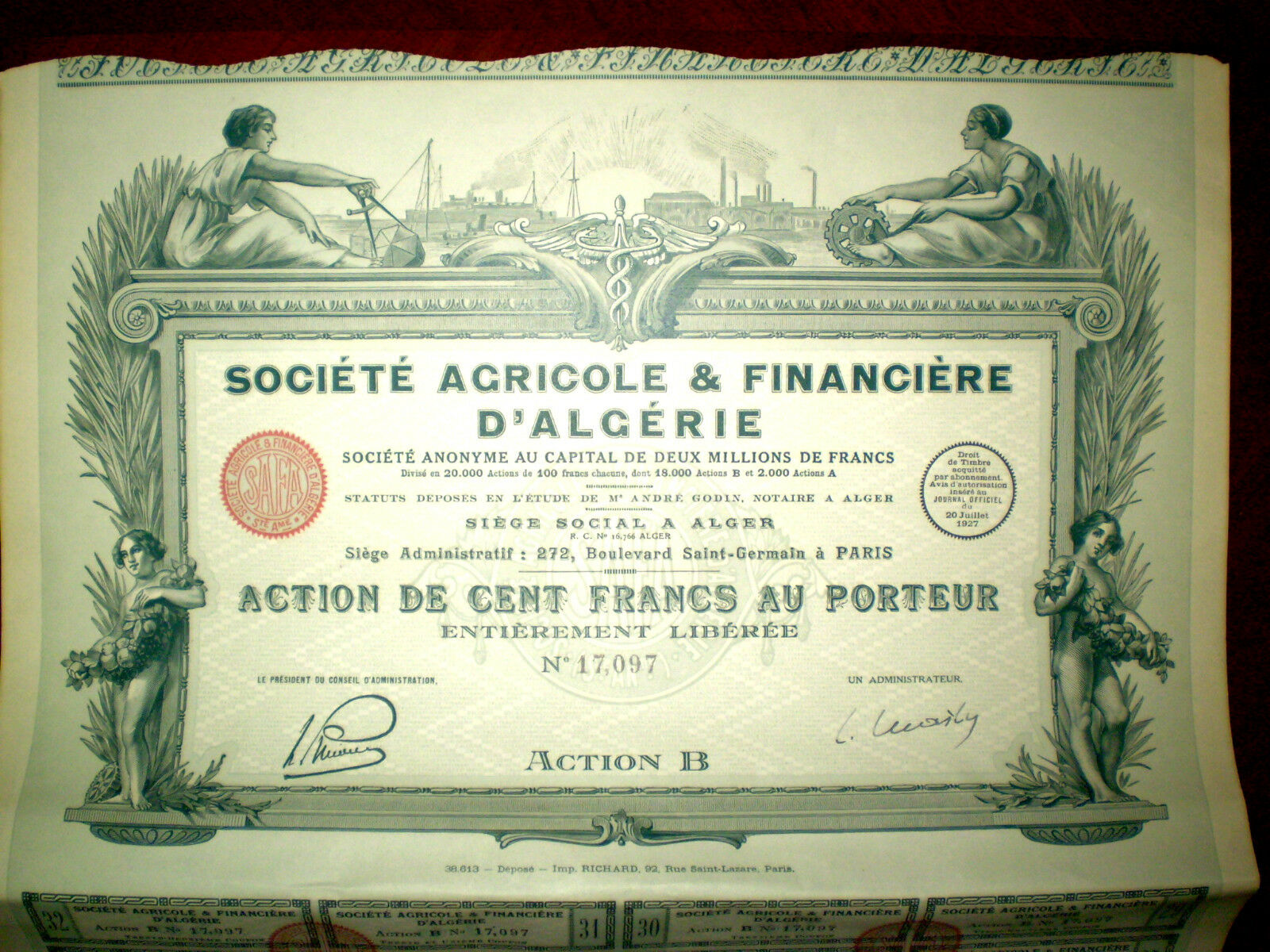 Société Agricole & Financière D´algérie,share Certificate 1927