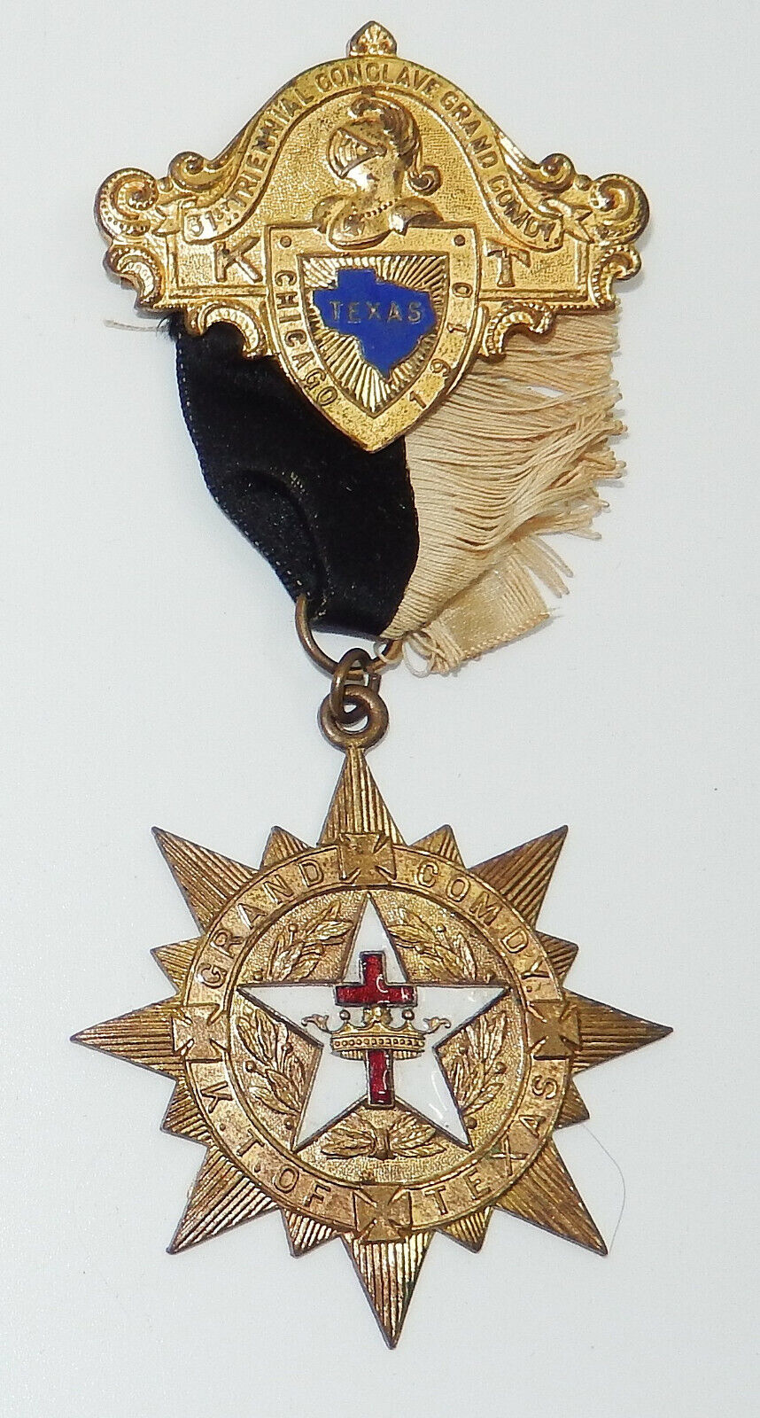 1910 Knights Templar Gold Tone Enameled Medal 31st Triennial Conclave Texas