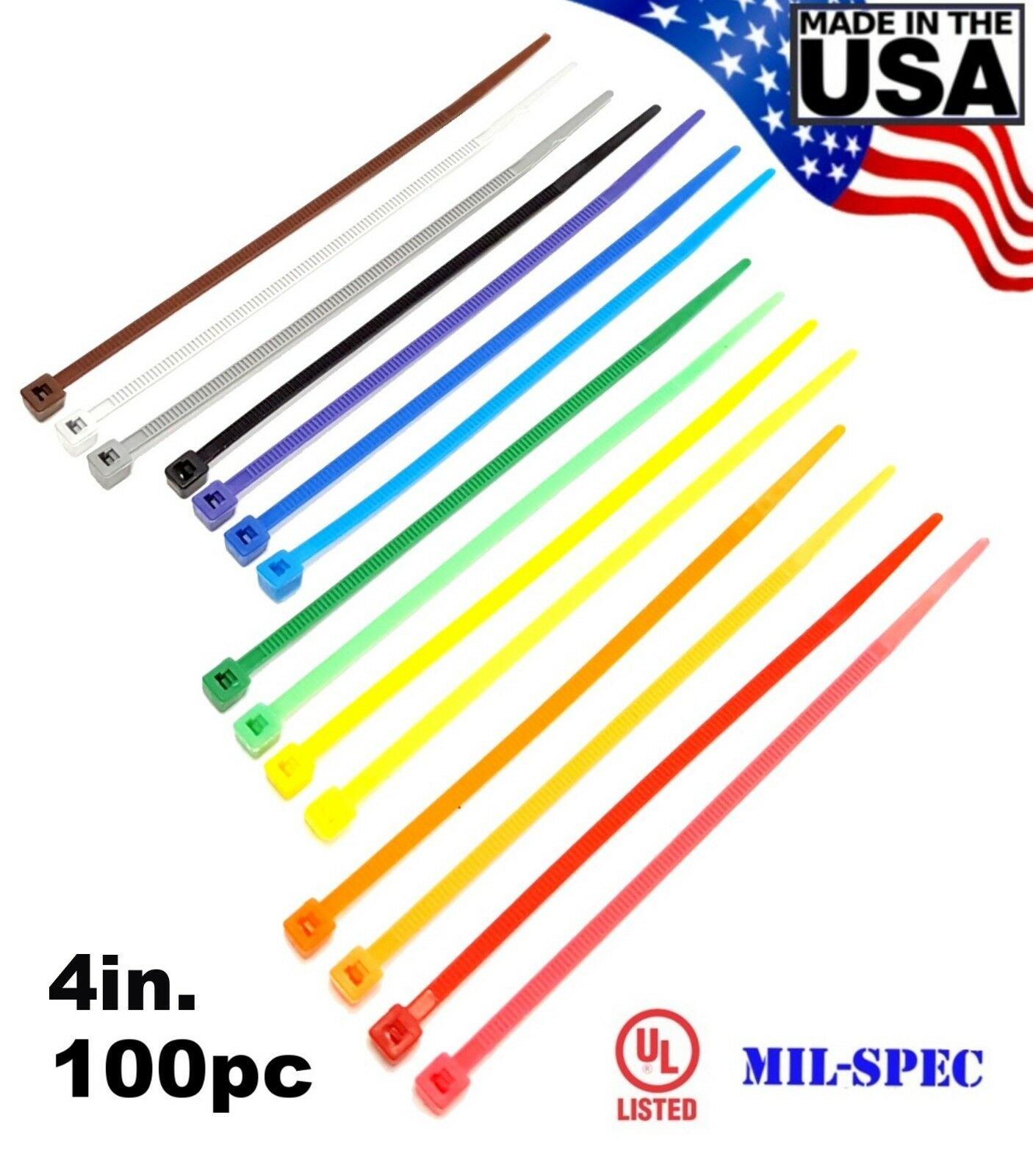 Color Zip Cable Ties 4" 18lbs 100pc Made In Usa Nylon Wire Tie Wraps