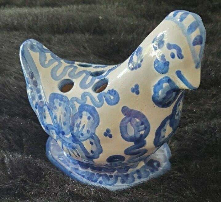 Unusual M.a. Hadley Pottery Blue & White Chicken Flower Frog Hand Painted